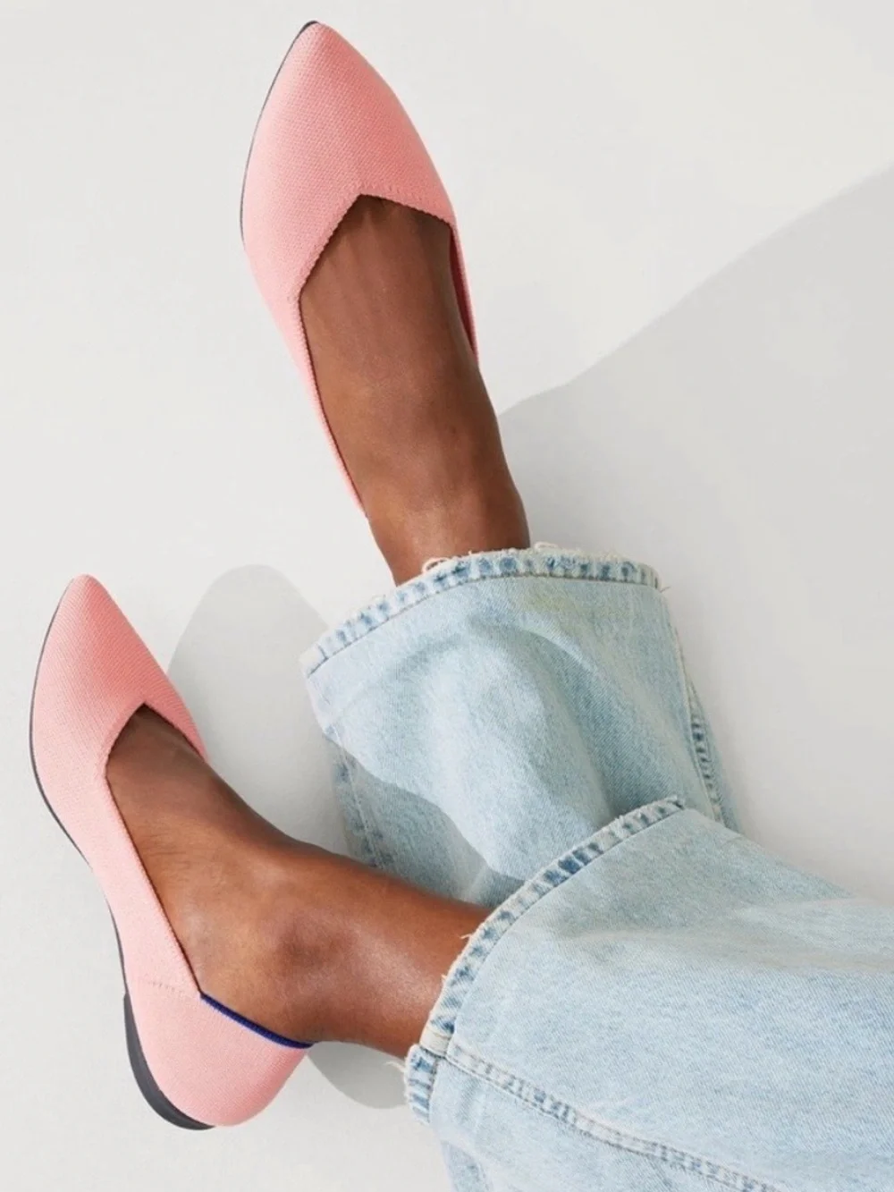 Rothy's Point ll Coral (Carnation) Pointed Knit Slip-Ons with Blue Heel Trim